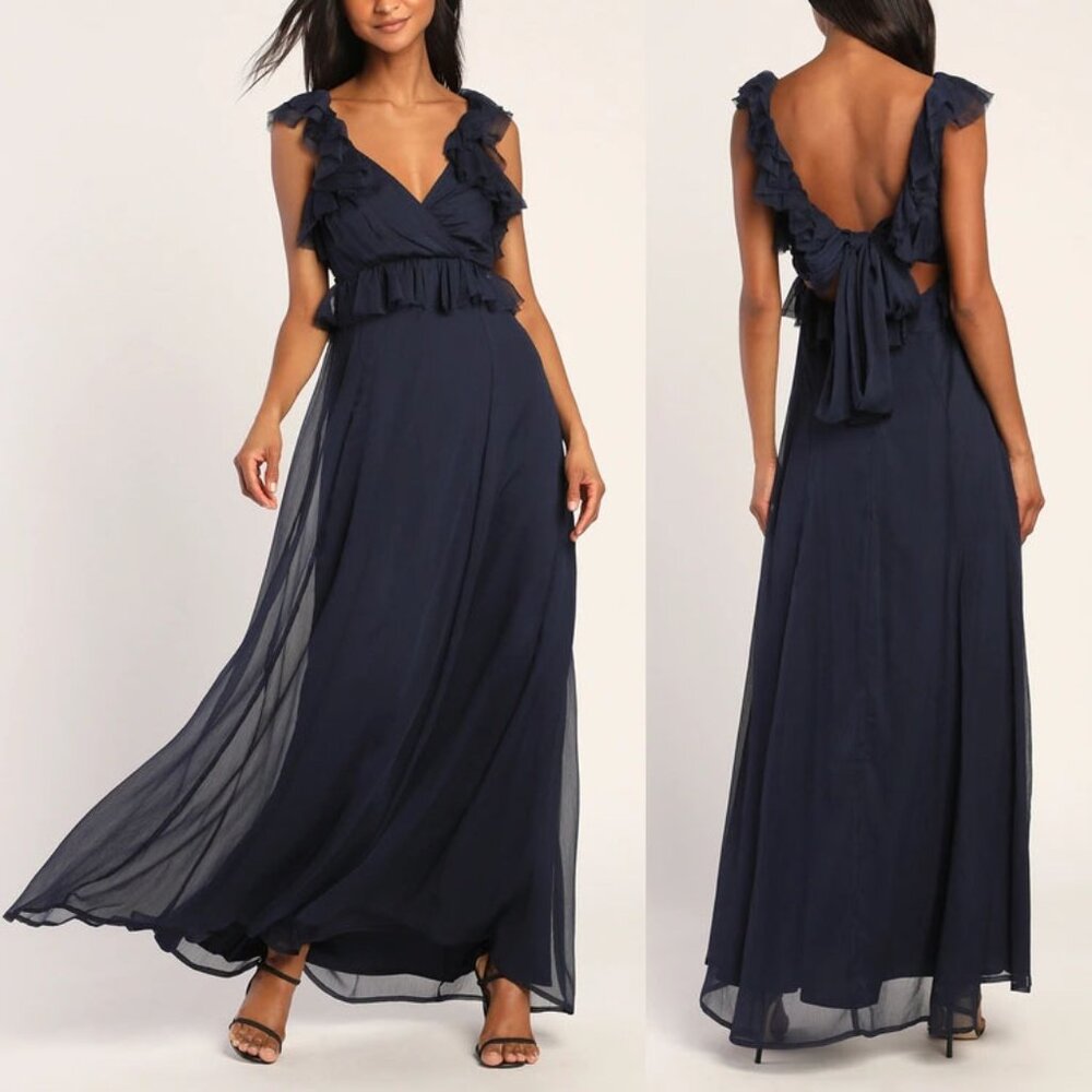 NEW Lulus Navy Blue Ruffled Tie-Back Maxi Dress S Gown Chiffon Fairy Romantic